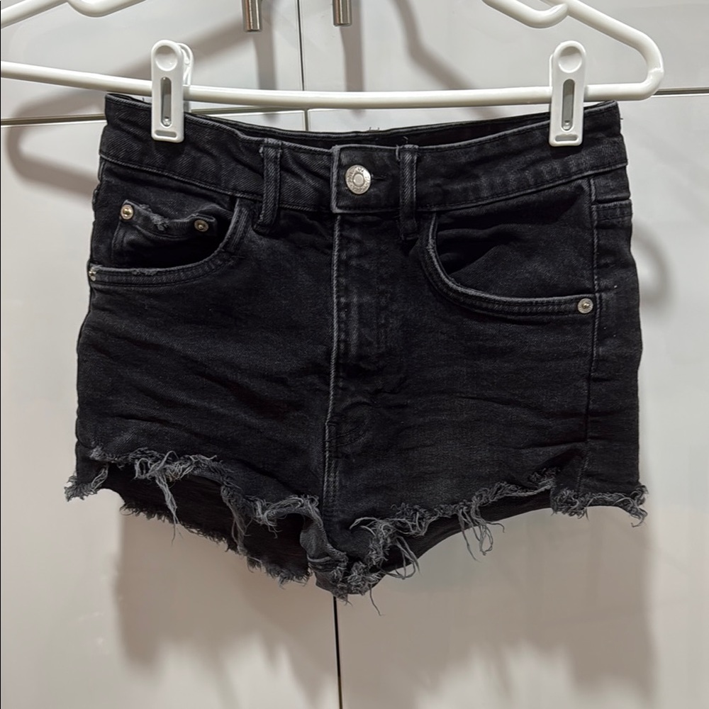 Zara Black Jean Shorts with Distressed Frayed Hem
